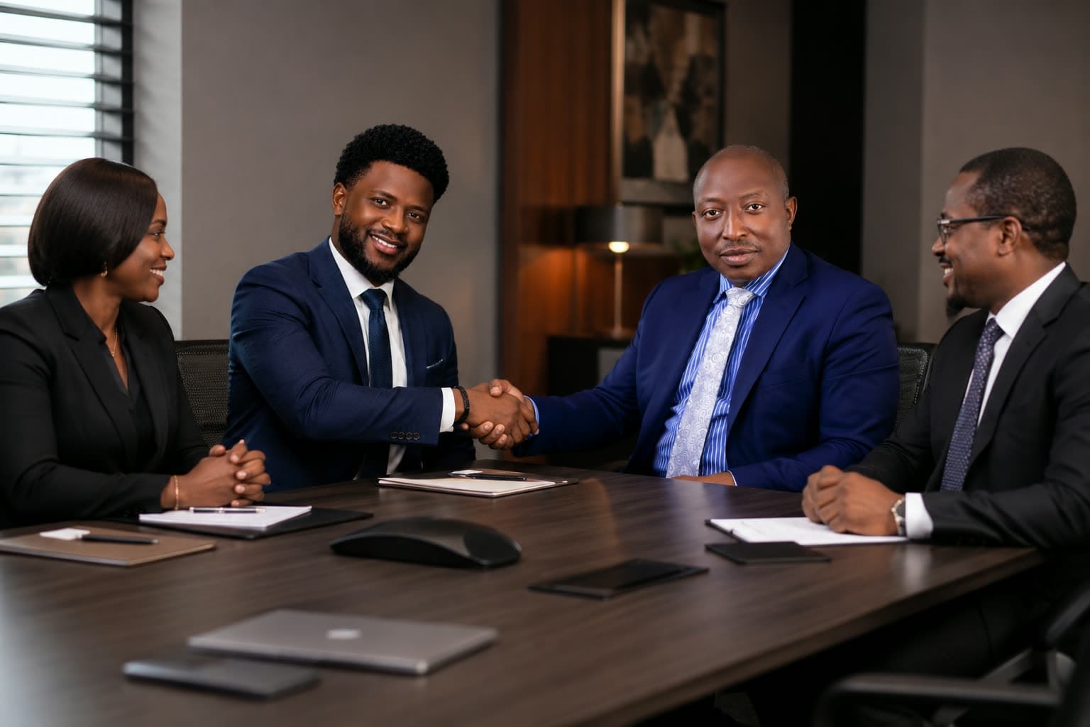 Two consultants shaking hands across a boardroom table with colleagues seated either side