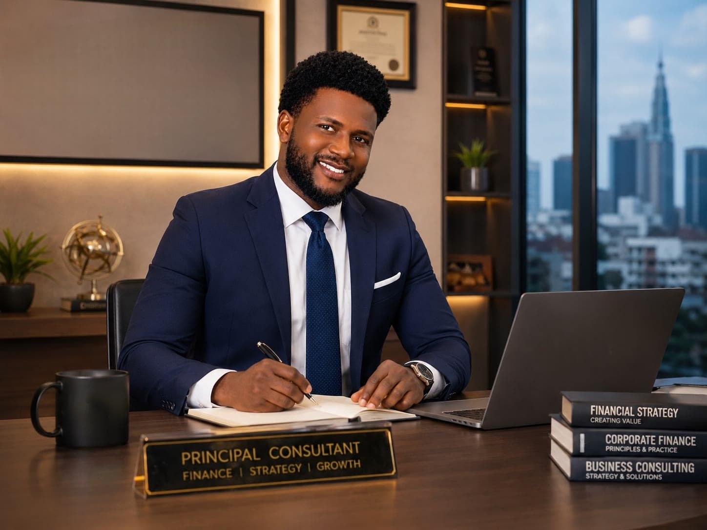 Illustrative image of Daniel Pemida writing at a desk in an office