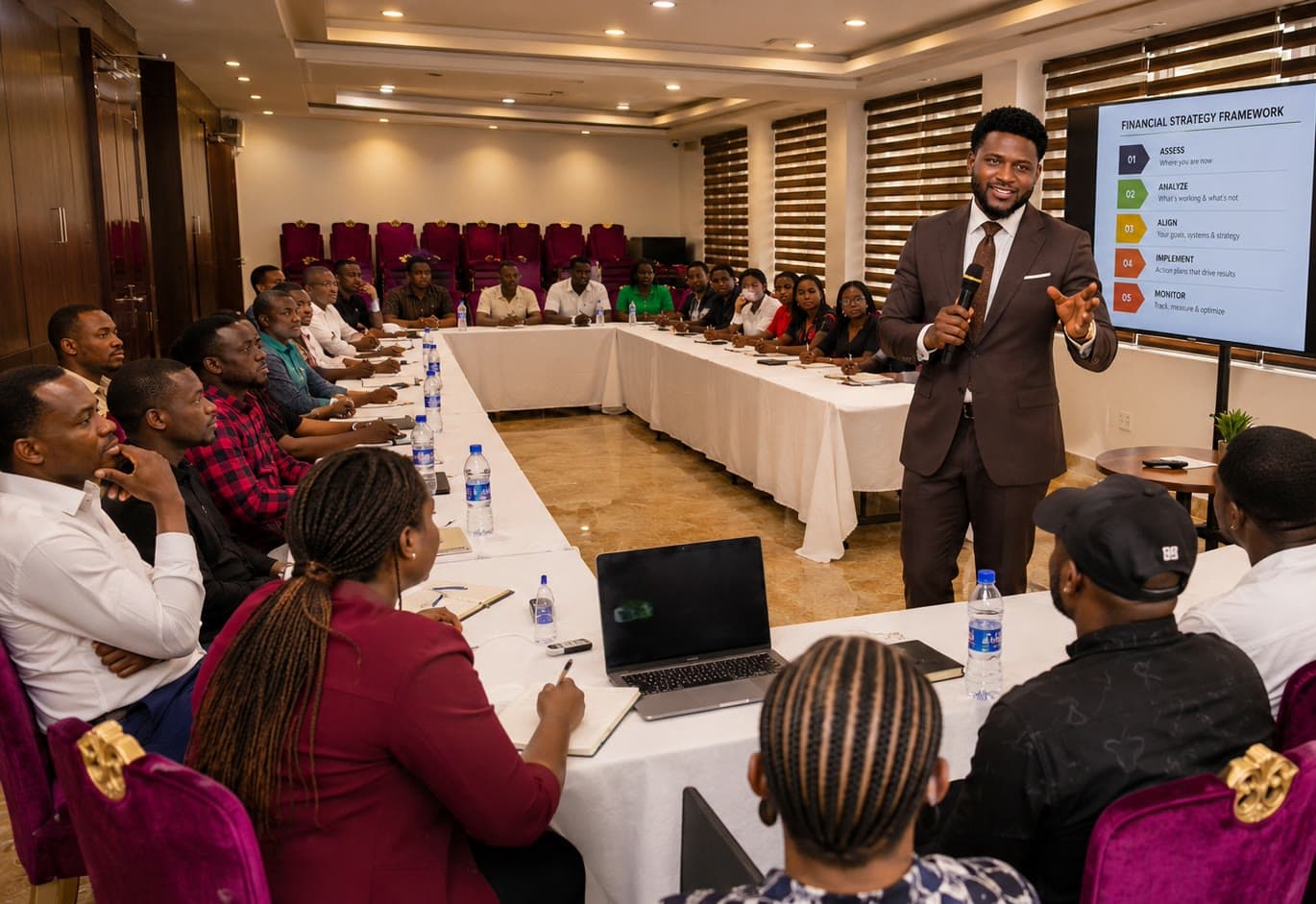 Illustrative image of Daniel Pemida presenting a five-step financial strategy framework to a seated group