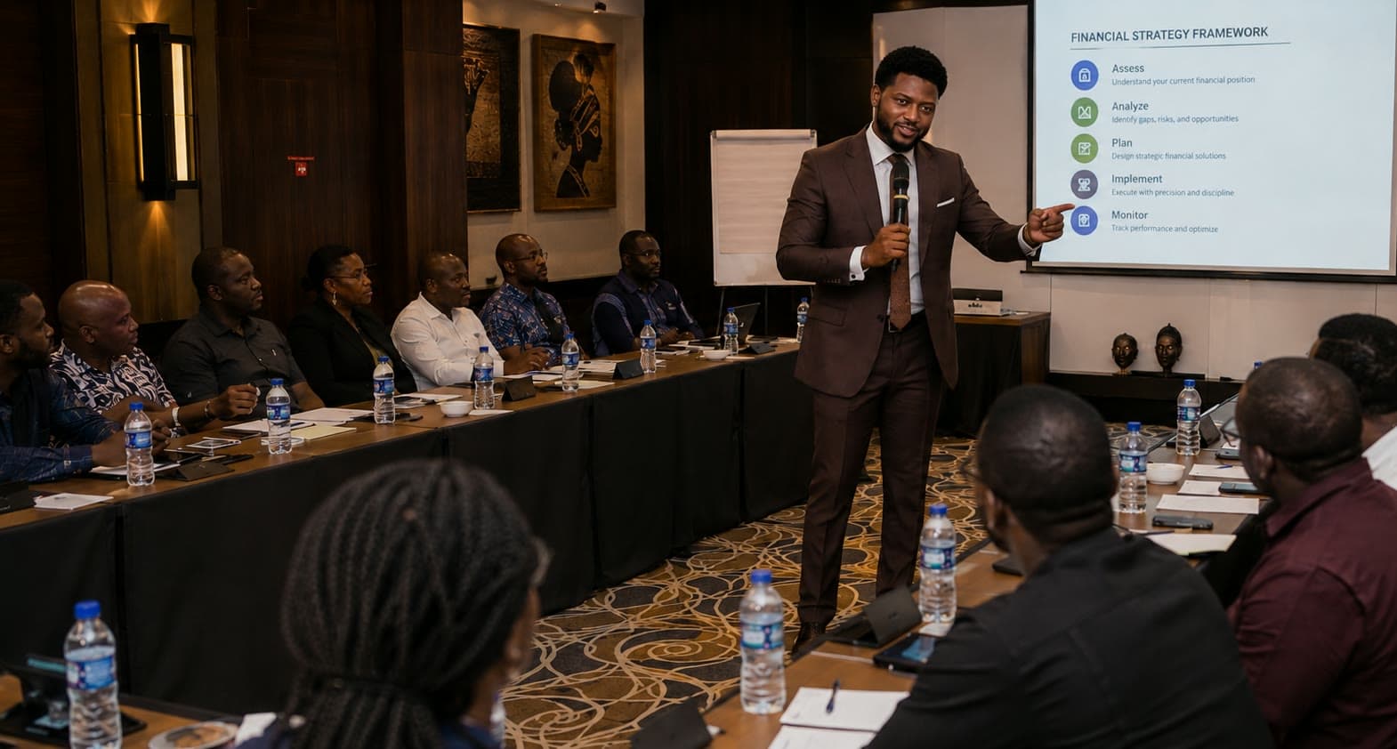 Illustrative image of Daniel Pemida speaking to delegates around a boardroom table