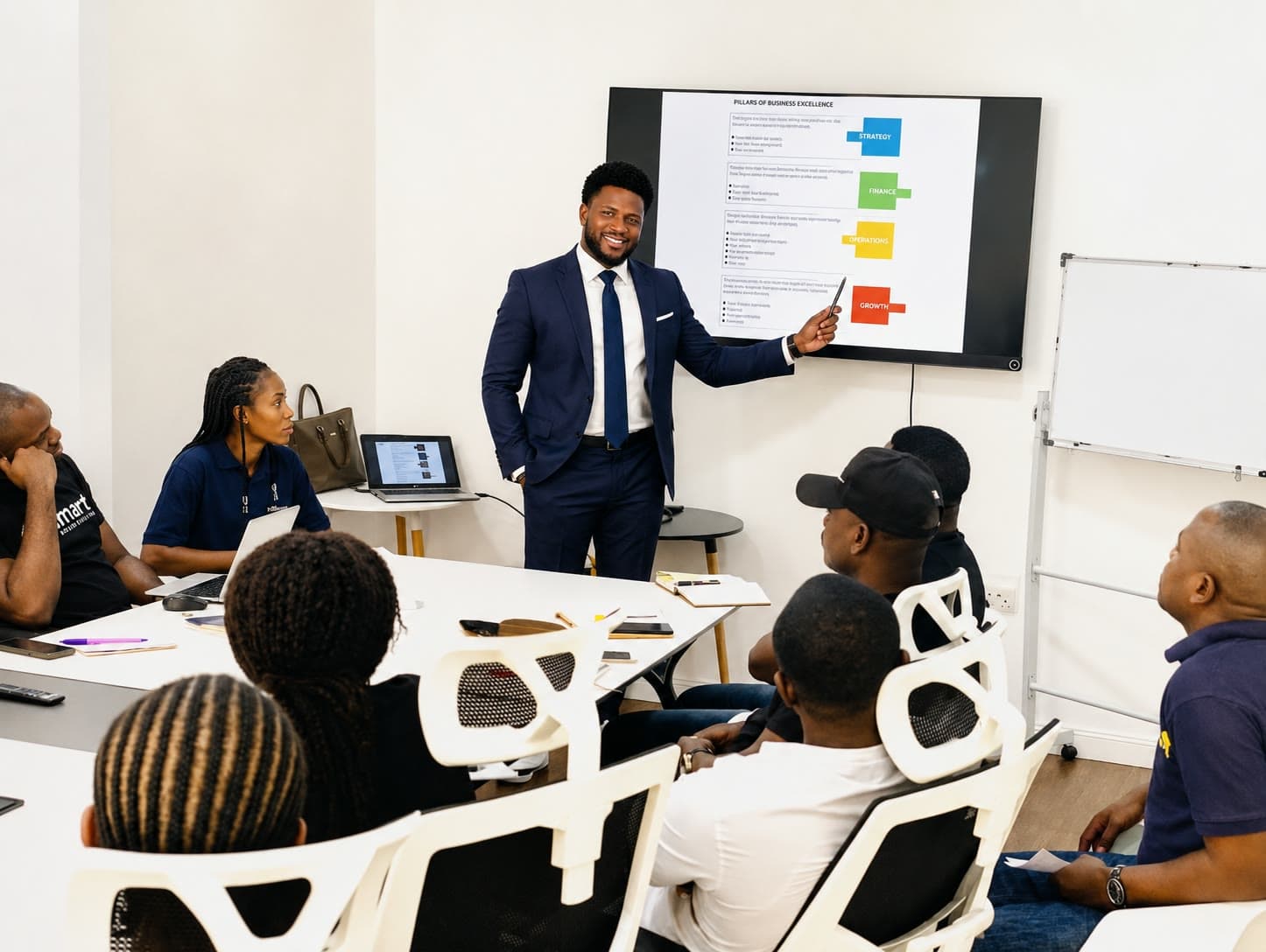 Illustrative image of Daniel Pemida pointing to a slide on the pillars of business excellence